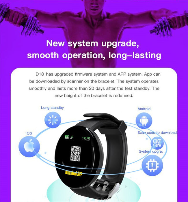 D18 Smart Watch Heart Rate Blood Pressure Fitness Tracker Men Women Smart Wristband Waterproof Sport Smartwatch For Android Ios